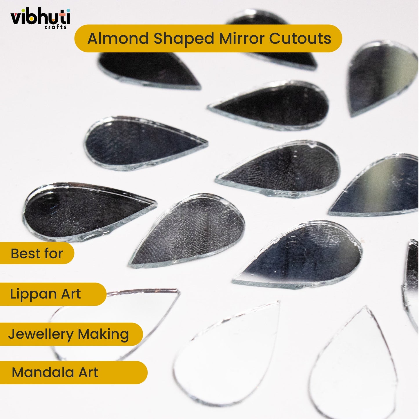 Almond Shape Mirror Cutouts (14mm, 187 Pieces) - VibhutiCrafts