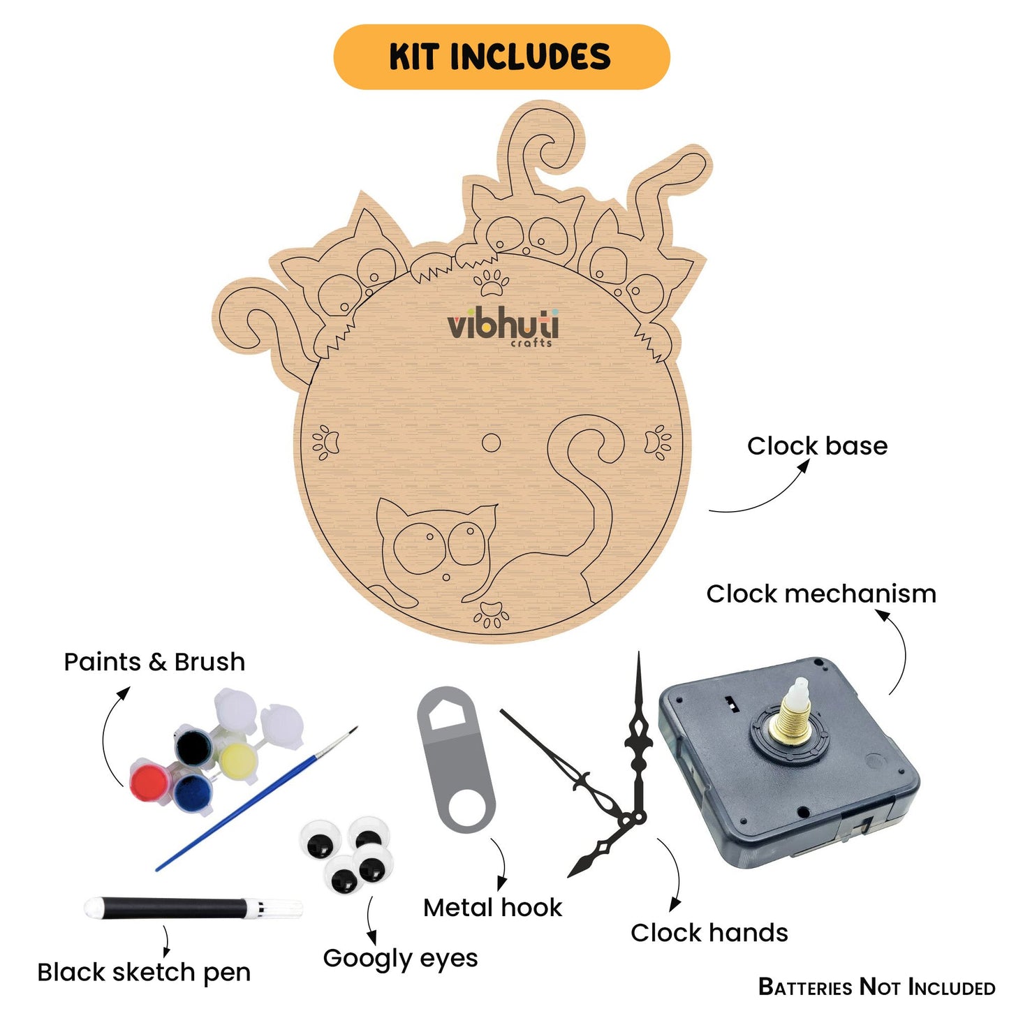 DIY Cat Clock Making Kit for Kids | Paints, Googly Eyes & Clock Mechanism - VibhutiCrafts