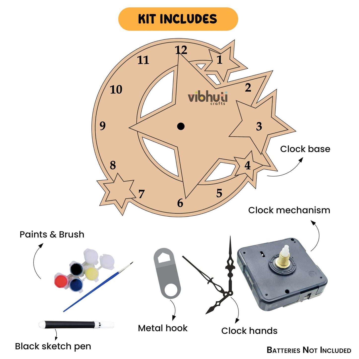 DIY Star & Moon Clock Making Kit for Kids | Paints, Brush & Clock Mechanism - VibhutiCrafts
