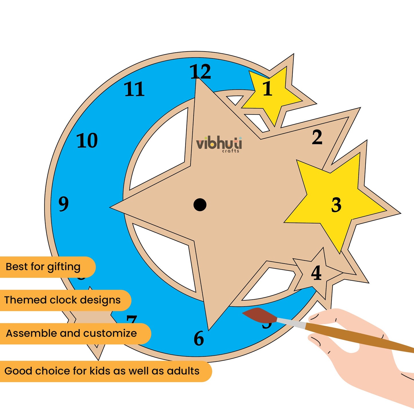 DIY Star & Moon Clock Making Kit for Kids | Paints, Brush & Clock Mechanism - VibhutiCrafts