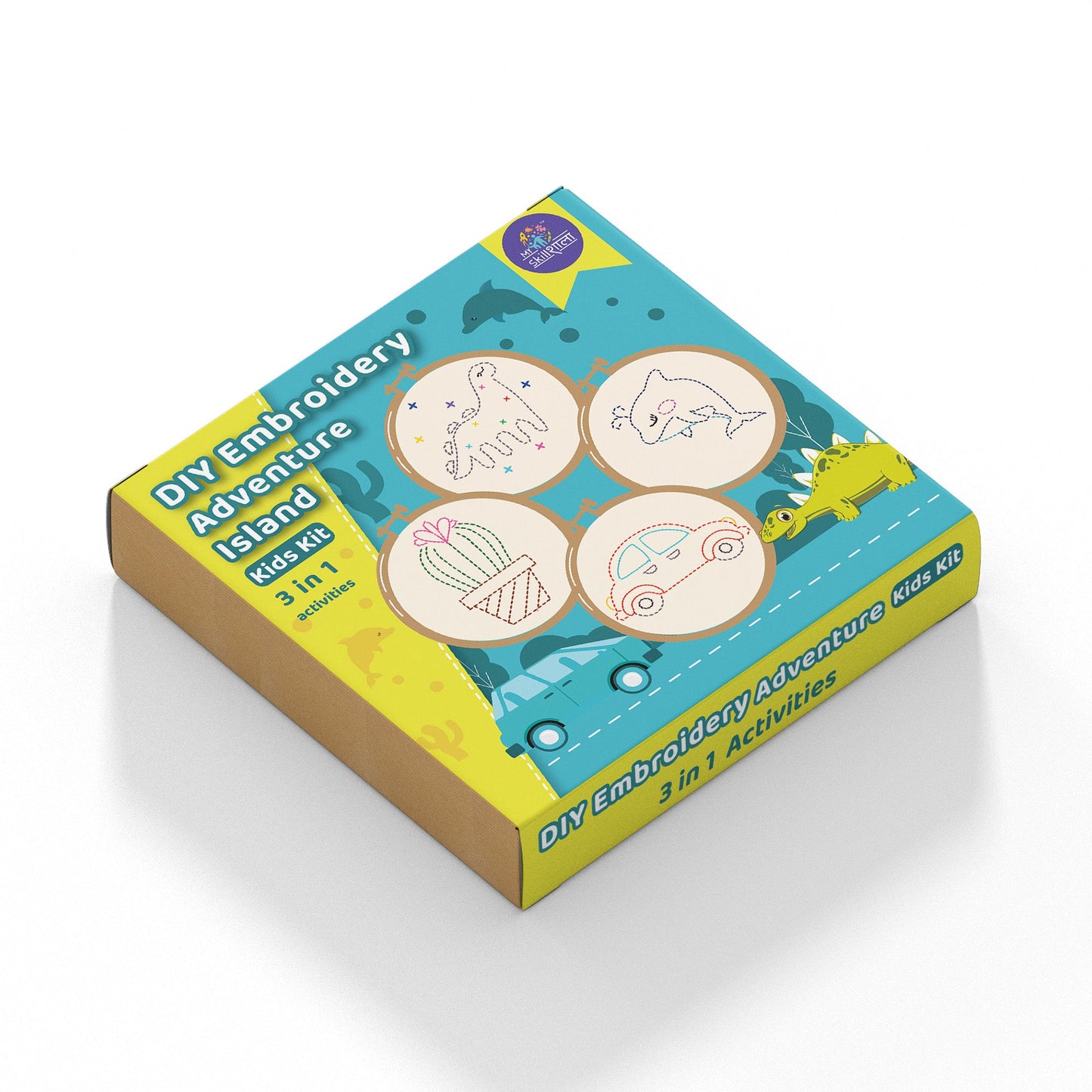Embroidery Adventure Kit for Kids - Includes Hoop, Printed Cloth, and Threads for Stitching Cars, Cacti, Dinosaurs, and Dolphins - MySkillShaala