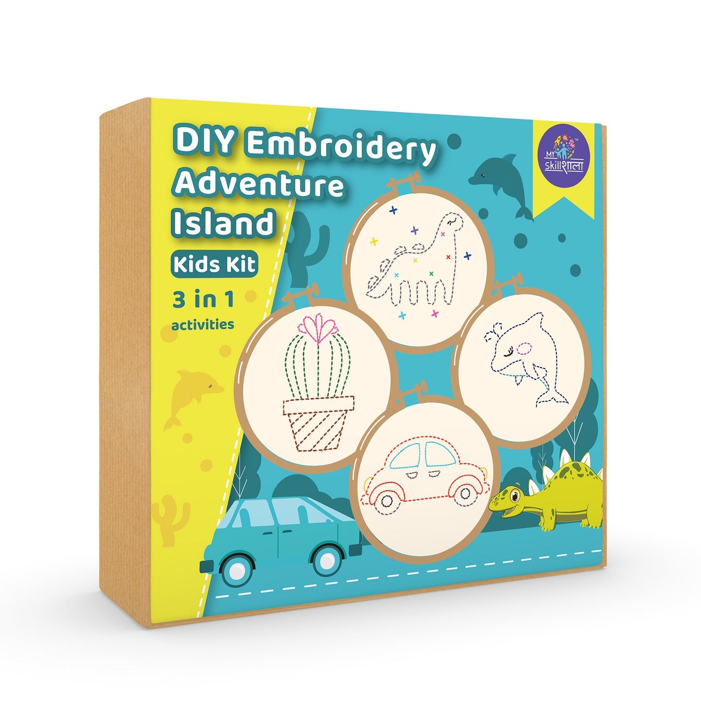 Embroidery Adventure Kit for Kids - Includes Hoop, Printed Cloth, and Threads for Stitching Cars, Cacti, Dinosaurs, and Dolphins - MySkillShaala