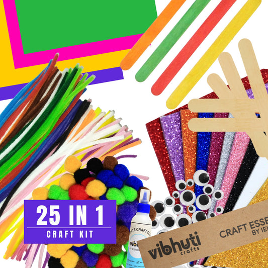 Craft 25-in-1 Bundle with 460+ Items | Art Supplies include Pipe Cleaners, Pom Poms, Googly Eyes, Glue, A5 Cardstock, Ice Cream Sticks, Origami Paper, Buttons, Straws, & More! - DIY Supplies for Boys & Girls by Vibhuti Crafts - MySkillShaala