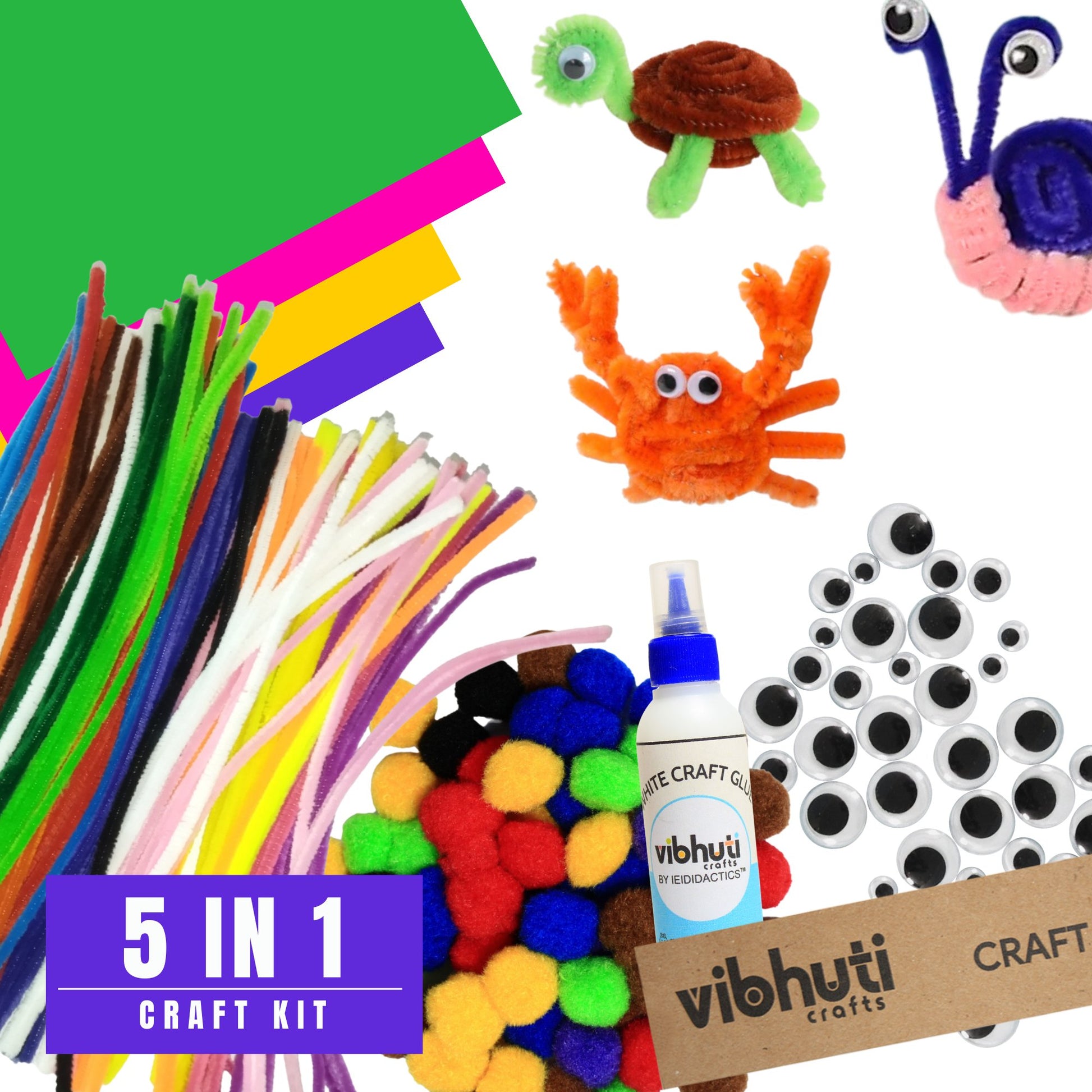 Craft 5-in-1 Bundle: Pipe Cleaner Craft Kit with Pom Pom, Googly Eyes, Craft Glue, A5 Cardstock (Multicolor) - Perfect for Kids & Adults by Vibhuti Crafts - MySkillShaala